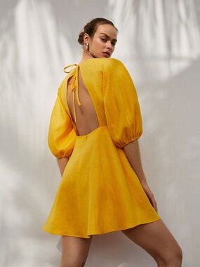 Mango Open Back Linen Dress Ballon Sleeves In Sunshine Yellow Medium New NWT